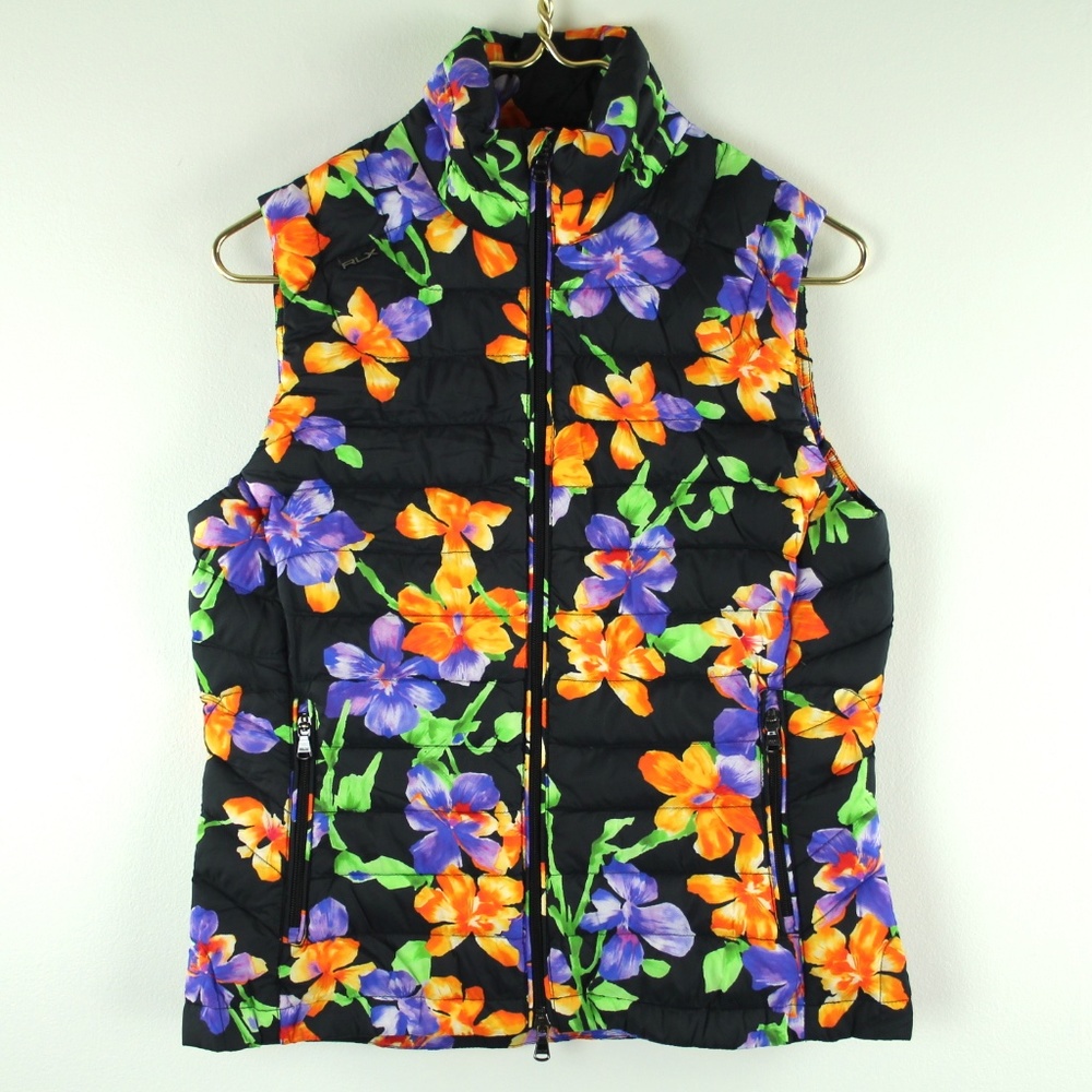 RLX Ralph Lauren Golf Black Quilted Multicolor Floral Pattern Sleeveless Vest S